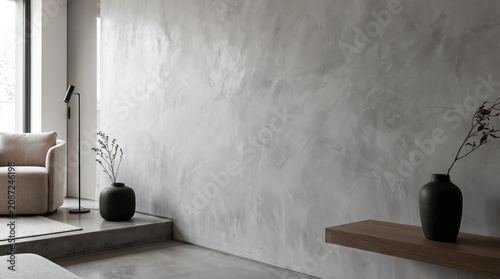 A soft gray wall stands as the backdrop in a simple living area