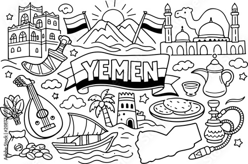 Yemen, monumentos emblemáticos, contorno de dibujos animados, ilustración de arte lineal dibujada a mano, página para colorear para niños