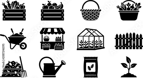 Schilderij op canvas Set of black farming and gardening icons isolated on white background