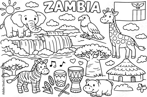 Zambia, monumentos, contorno de dibujos animados, ilustración de arte lineal dibujada a mano, página para colorear para niños