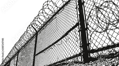 Foto Barbed wire fence in engraving vintage style during daylight against a white bac