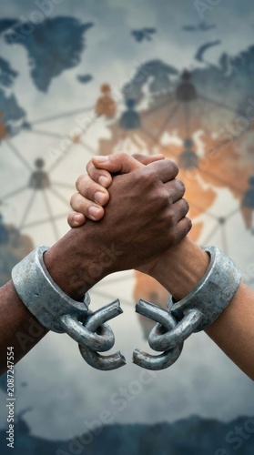Diverse hands clasped firmly, breaking metal shackles, symbolizing freedom from human trafficking exploitation on World Day, global awareness for modern slavery prevention.
