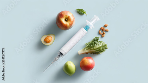 A large syringe is placed among fresh food items like apples, avocado, and leafy greens. The image symbolizes GMO, food injection, and biotechnology concepts.