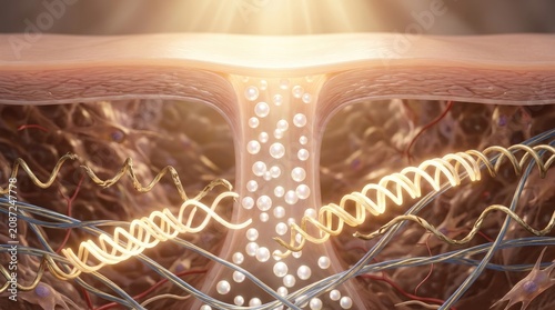 Pearl white molecular spheres of cosmetic cream descending into dermis, assembling new golden collagen coils around damaged springs under warm restoration light, smoothing epidermis surface.