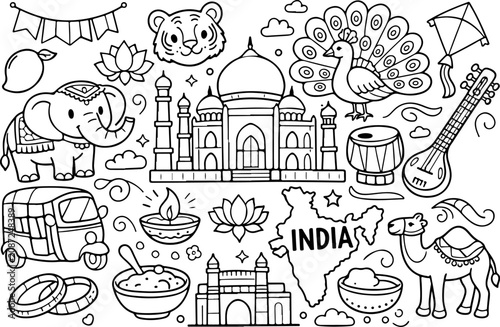 India, monumentos, contorno de dibujos animados, ilustración de arte lineal dibujada a mano, dibujo de garabatos, página para colorear para niños