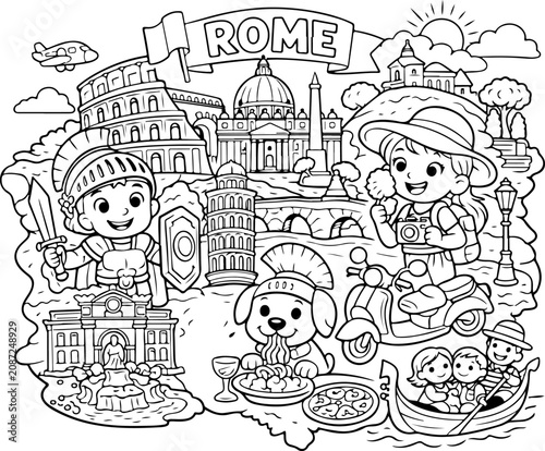 Roma, Italia, puntos de referencia, dibujos animados, esquema, dibujado a mano, línea, arte, ilustración, doodle, arte, página para colorear, para, niños