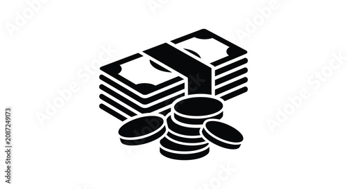 Fényképezés Stack Of Banknotes And Coins Black Silhouette On White Background