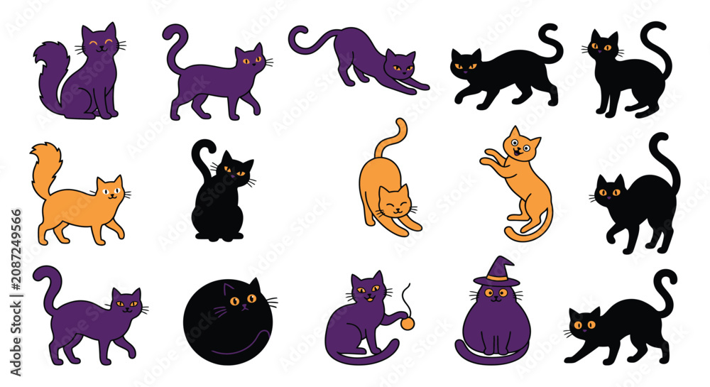 Obraz premium Collection Of Halloween Cats In Various Poses Vector Illustration felines kittens black