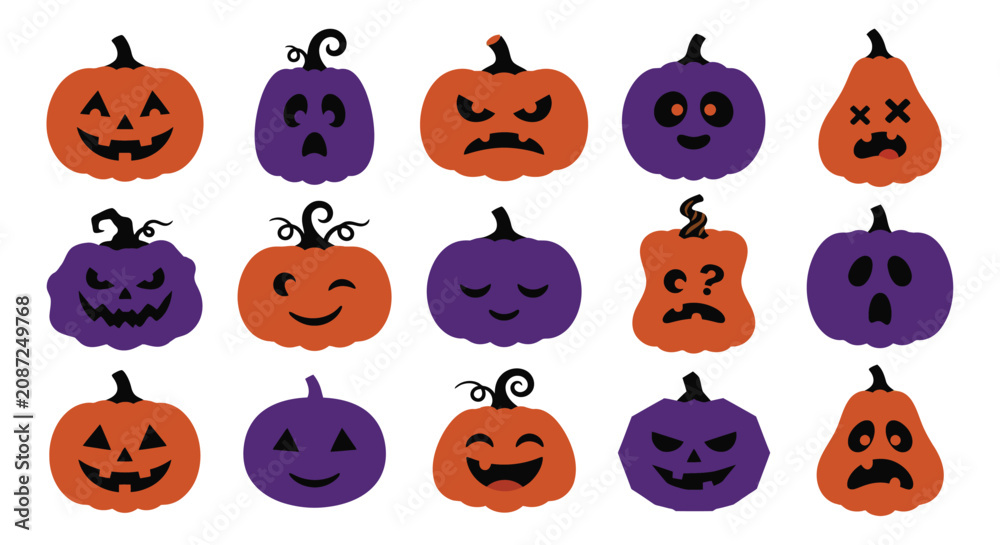 Fototapeta premium Assorted jack o lanterns a vector illustration with orange and purple pumpkins on a white background