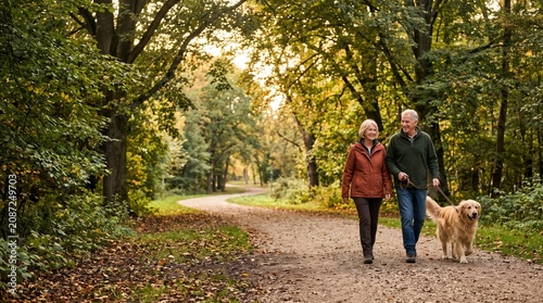Older couple walking dog in forest park