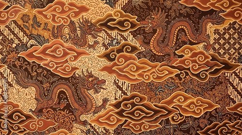 Traditional Indonesian Batik Fabric Pattern Featuring Dragon and Clouds