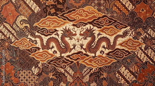Traditional Indonesian Batik Fabric Pattern with Dragons and Clouds