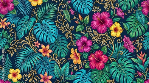 Tropical hibiscus floral pattern with monstera leaves and gold