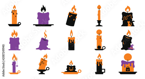 Photos Halloween Candles Collection Flat Vector Icons On White Background lit wax taper