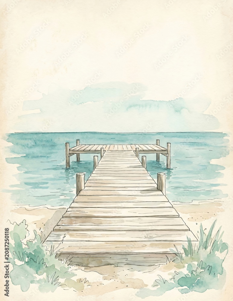 Fototapeta premium Serene watercolor of a wooden pier over tranquil ocean water on a summer day