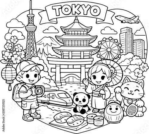 Monumentos de Tokio, Japón, contorno de dibujos animados dibujados a mano, ilustración de arte lineal, dibujo de garabatos, página para colorear para niños