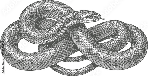 Intricate engraving of a coiled serpent in a vintage style rendered with fine detail and dramatic contrast for conceptual representation