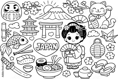 Monumentos de Tokio, Japón, contorno de dibujos animados dibujados a mano, ilustración de arte lineal, dibujo de garabatos, página para colorear para niños