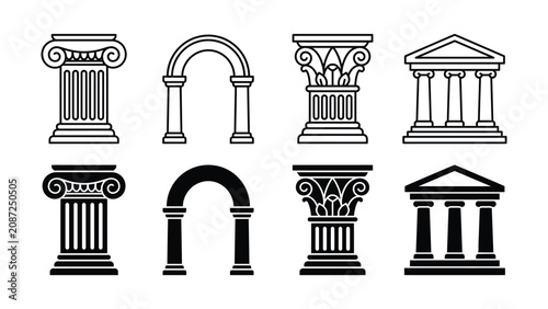 Fotografie Eight ancient greek and roman architectural elements on transparent background