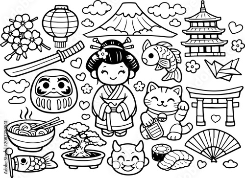Monumentos de Tokio, Japón, contorno de dibujos animados dibujados a mano, ilustración de arte lineal, dibujo de garabatos, página para colorear para niños