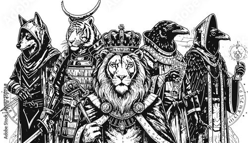 Bilde på lerret Majestic anthropomorphic animals in regal attire a kingly lion leading a council