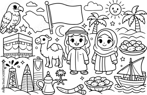 Reino de Arabia Saudita, monumentos emblemáticos, dibujo animado, contorno, ilustración lineal, dibujo a mano, página para colorear para niños