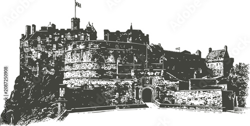 Bild auf Leinwand Majestic castle silhouette during a dramatic sunset in an engraving vintage styl