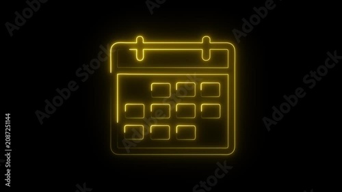A glowing neon calendar icon animation. neon Animated date calender with clock icon concept.