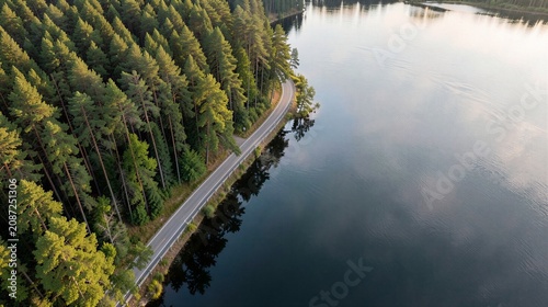 Photorealistic bird's-eye drone view of a curving road along the edge of a mirror-like lake dense
