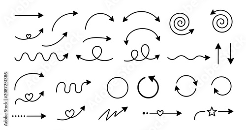 Foto Set of curvy hand drawn arrows and decorative doodles as PNG asset