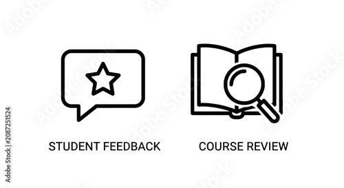 Student feedback and course review icons with speech bubble and book with magnifying glass feedback magnifying education evaluation assessment