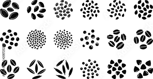 Foto Set of various cereal grains and healthy seeds icons.