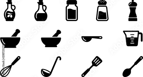 Foto Set of simple black kitchen utensil and food preparation icons.