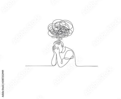 Modern continuous line drawing symbolizing confusion and depression.