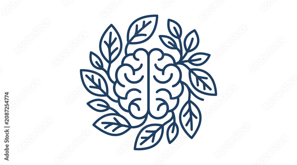 Fototapeta premium Brain with Leaves Logo - Mindful Nature Concept