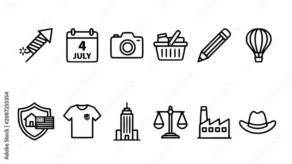 Fototapeta premium Collection of independence day related outline icons with independence, patriotism