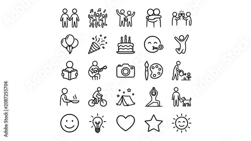 Set of lifestyle and hobby line icons depicting social activities and personal interests