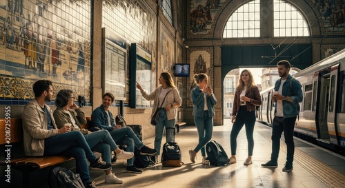 People waiting at train station platform.