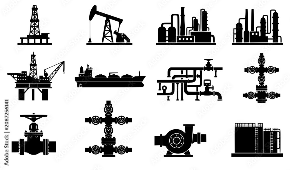 Obraz premium Minimal oil and gas equipment icon collection vector