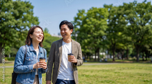 A happy young Asian couple enjoys a serendipitous moment, laughing together while walking in a sunny urban park with coffee cups in hand during a peaceful morning.