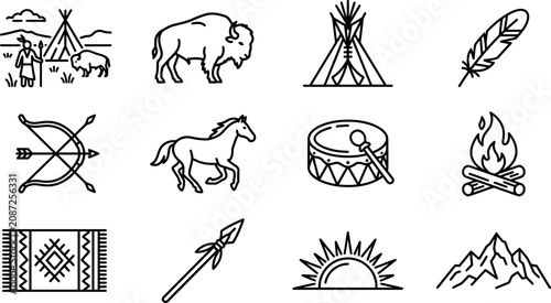 Fotografie Set of native american culture and tribal life icons.