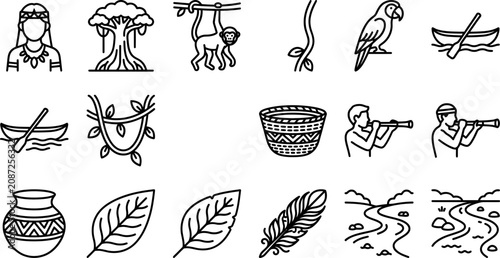 Canvastavla Set of line art icons depicting Amazon jungle culture and wildlife