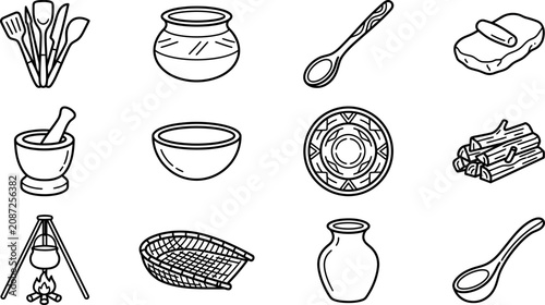Quadro su tela Set of hand drawn traditional Indian kitchenware and cooking tools