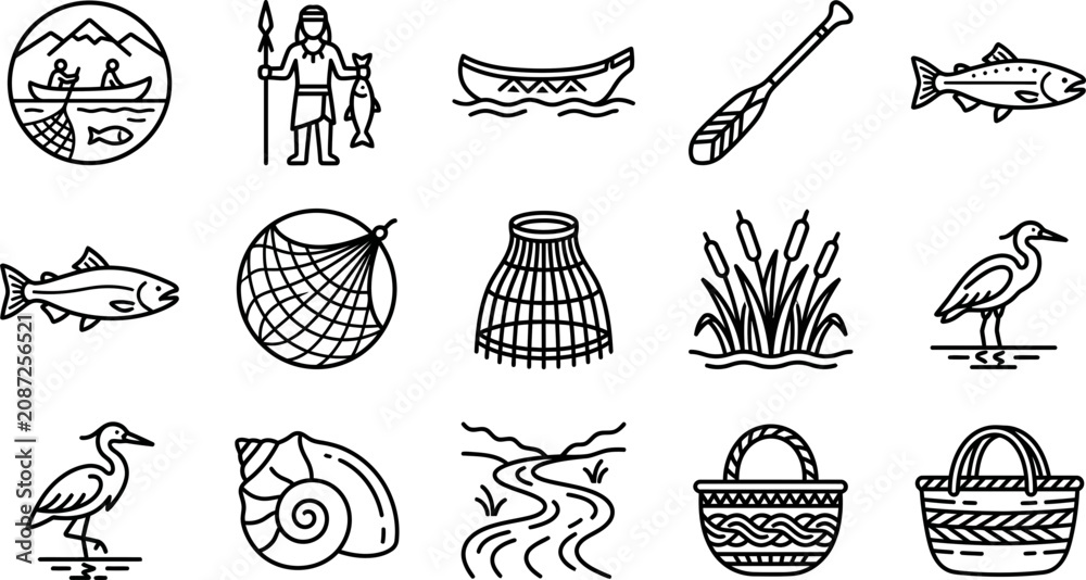Fototapeta premium Set of line art icons related to traditional indigenous fishing and river life.