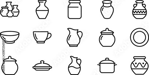 Photos Set of kitchenware and pottery icons in line art style.