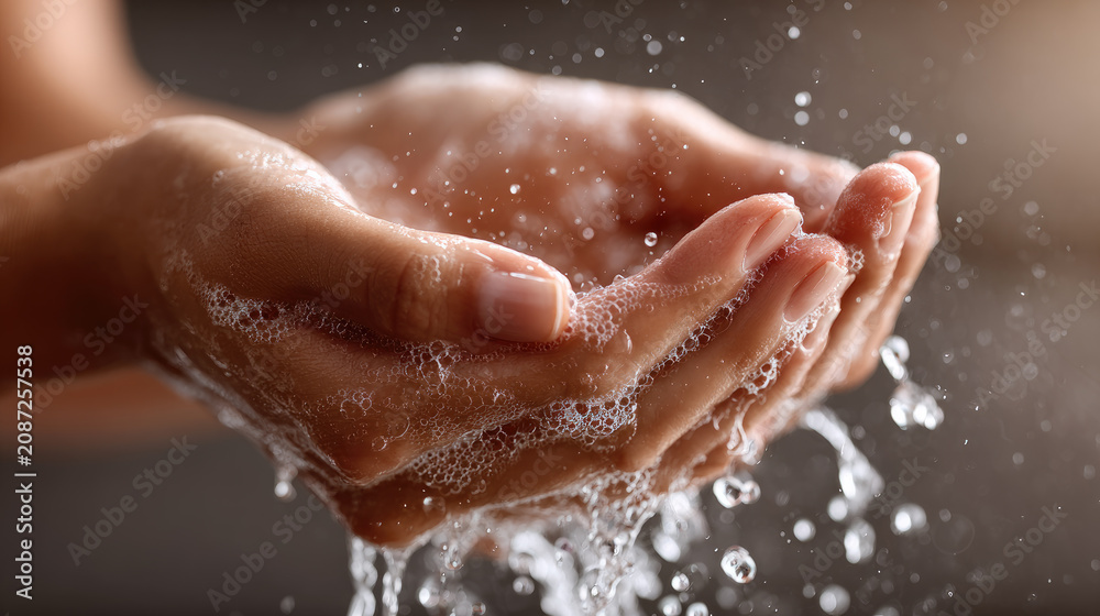 Fototapeta premium Human hands rinsing with foamy soap and clean water. Illustrating essential daily personal hygiene practices for effective germ removal. Promoting health
