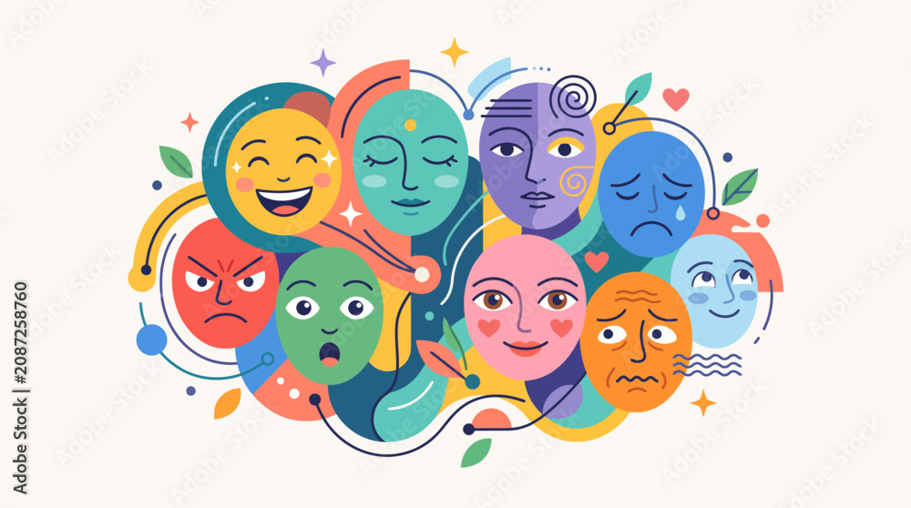 Naklejka premium Abstract Collection of Colorful Human Faces Representing Different Emotions and Mental States