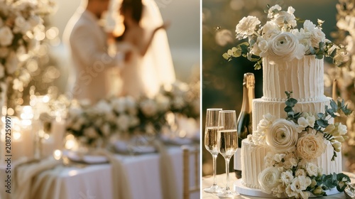 Luxury outdoor wedding reception with white floral cake, champagne, and romantic couple