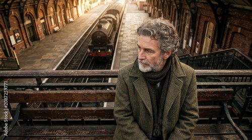 Pensive man sitting at vintage train station
