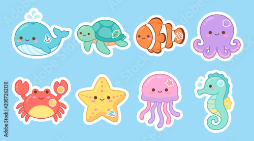 Photography Colorful vector illustration set featuring cute kawaii sea animals including a w